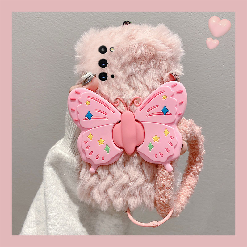 手机壳秋冬毛绒波浪纹立体蝴蝶支架带手环