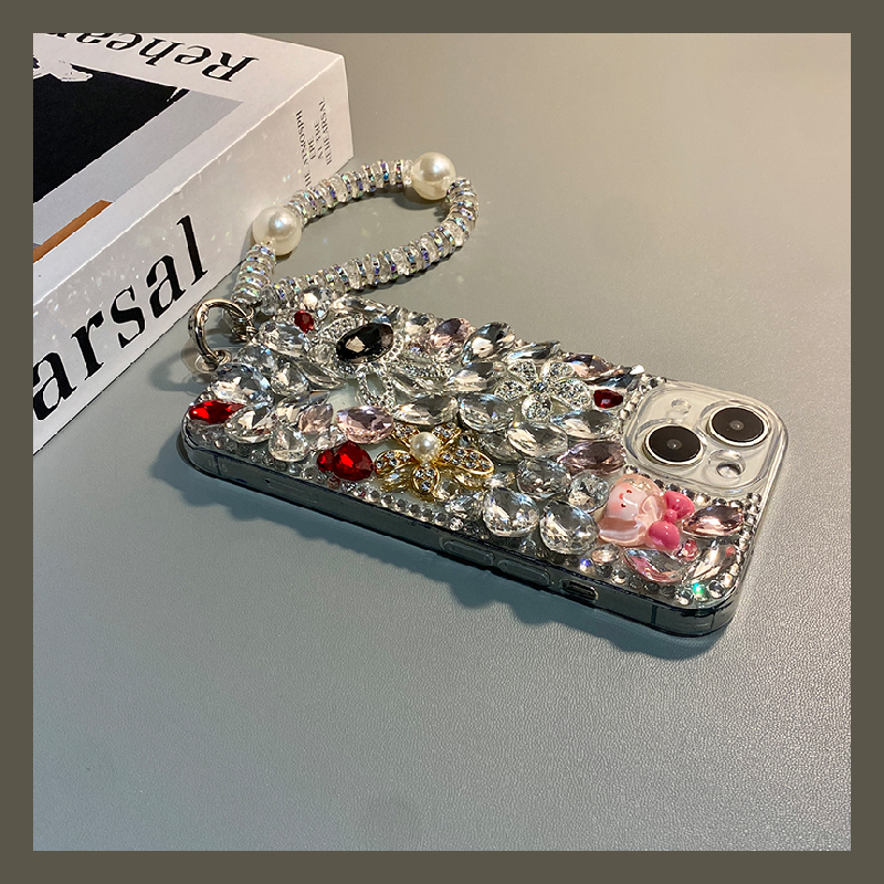 手机壳硅胶水钻钻石红色宝石卡通女孩带手链