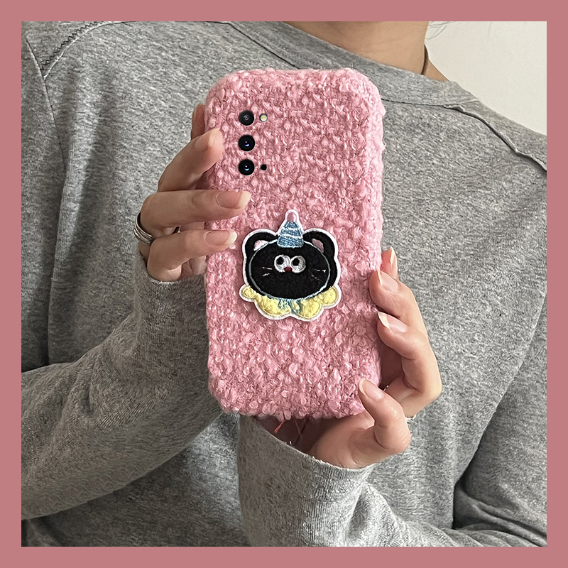 手机壳秋冬绒布卷毛毛绒卡通刺绣帽子小猫