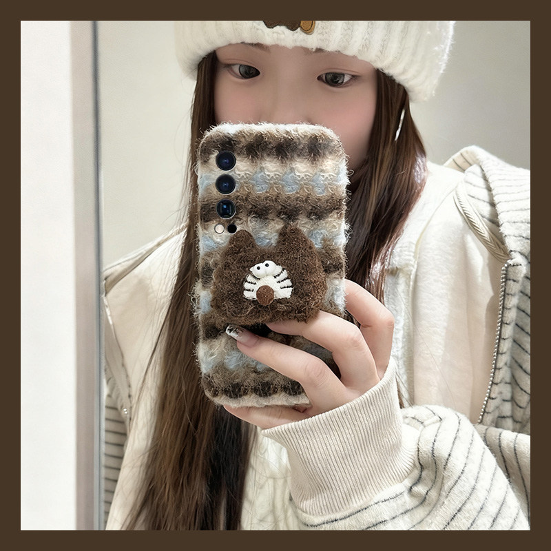 毛绒蓝棕条纹适用vivoiqooneo10pro+手机壳iqooneo5秋冬9spro+绒布8卡通7se立体5s猫咪6毛茸茸855毛毛十vivo