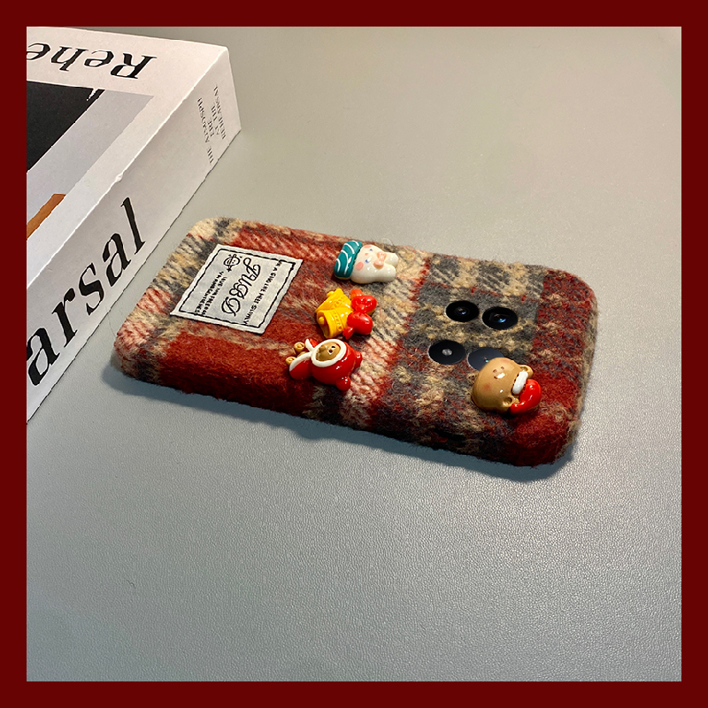 手机壳秋冬绒布红色格子圣诞铃铛兔子小熊