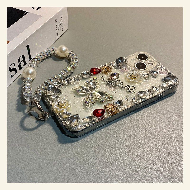 手机壳硅胶满屏红色宝石蝴蝶手链