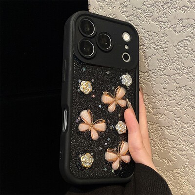 手机壳满天星花朵蝴蝶带珍珠手链
