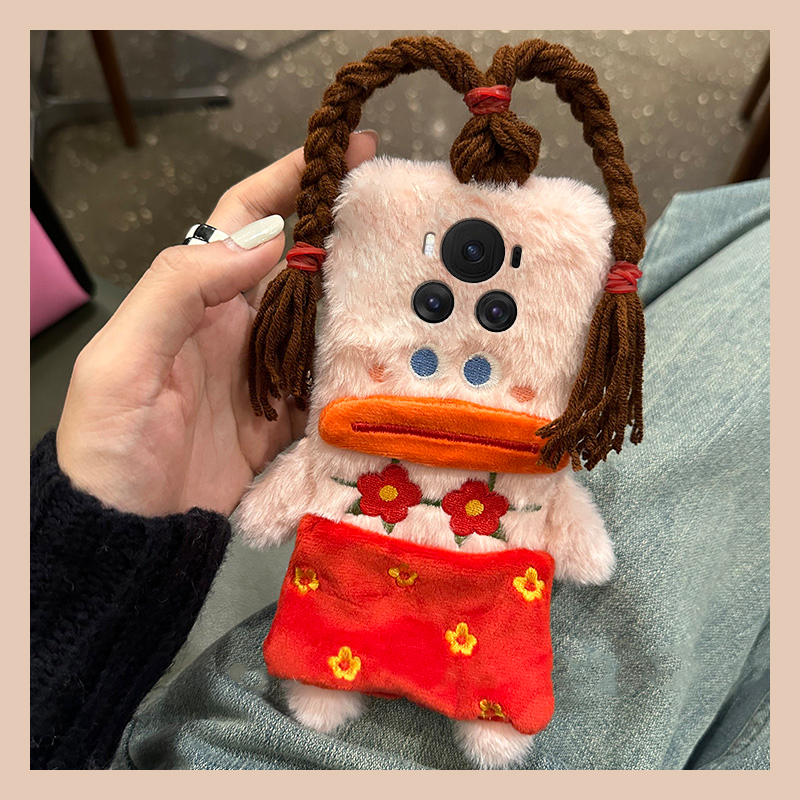手机壳秋冬毛绒搞怪丑萌香肠嘴女孩辫子头发