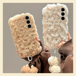 简约纯色波浪纹适用三星s25edge手机壳s24plus毛球s23 s20ultra毛绒s10 note20软 十s22挂链s21fe秋冬季