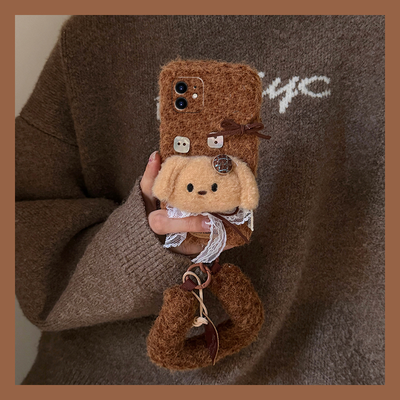手机壳秋冬绒布立体卡通帽子蕾丝小狗手提绳