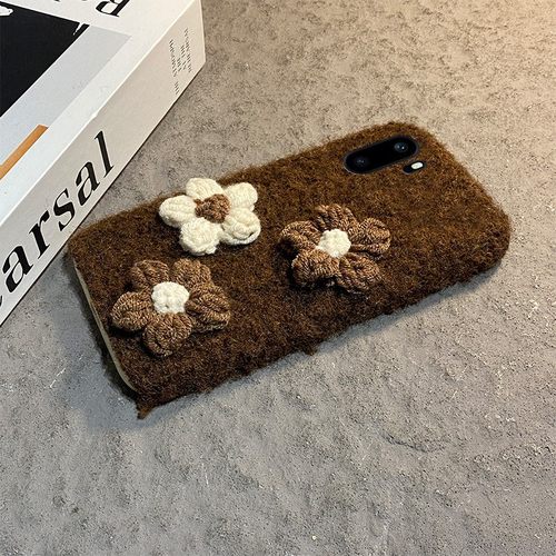 手机壳秋冬毛绒针织花朵带手绳