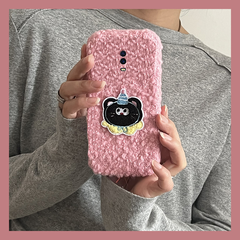 手机壳秋冬绒布卷毛毛绒卡通刺绣帽子小猫