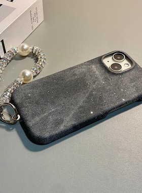 黑色牛仔纹适用苹果17手机壳iPhone16promax简约15pro纯色14por闪片13亮片12带air挂链十七创意ipone小众硅胶