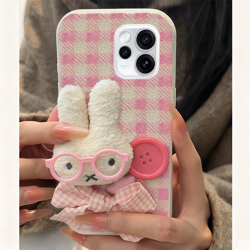 手机壳仿皮皮纹格子卡通秋冬毛绒纽扣米菲兔