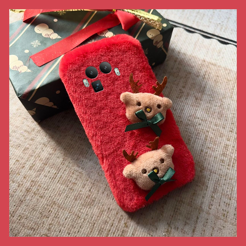 手机壳秋冬毛绒红色卡通毛茸茸圣诞节麋鹿