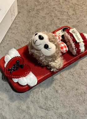 爱心达菲熊适用苹果17手机壳iPhone16e秋冬15promax毛绒14plus红色13pro圣诞12mini卡通11立体se4仿皮air女xr