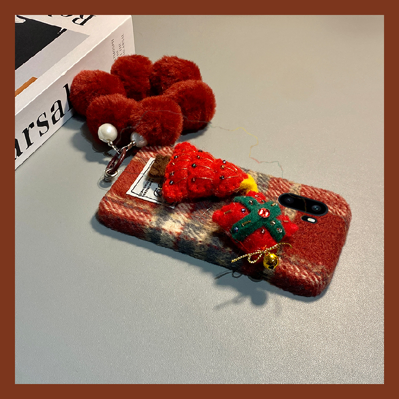 手机壳秋冬绒布红色格子圣诞树带毛绒手链