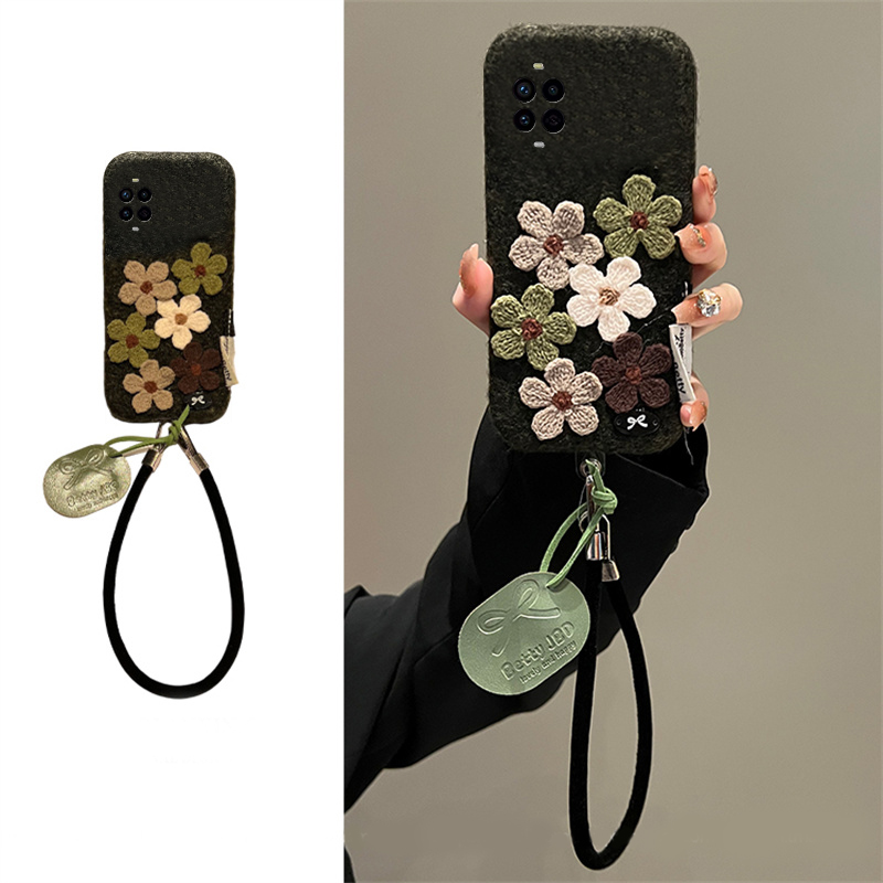 手机壳秋冬绒布ins风立体绿色花朵挂件皮绳