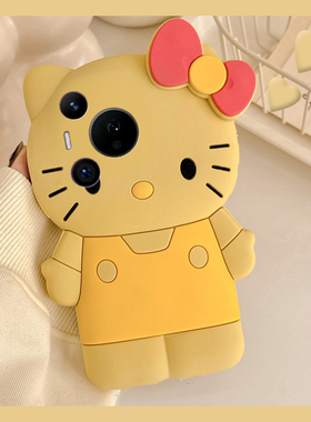 立体黄色kt猫适用华为pura80pro+手机壳p70ultra卡通p60art可爱p50e凯蒂猫p40带p30挂链p10plus趣味十huawei