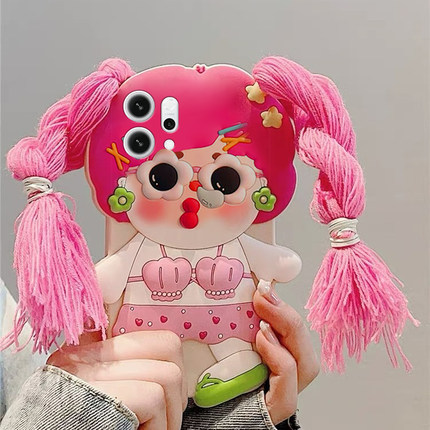 适用opporeno14手机壳reno13pro+卡通reon12立体11毛绒10辫子9女孩8搞怪7se丑萌6趣味5硅胶4十oppo软壳手机套