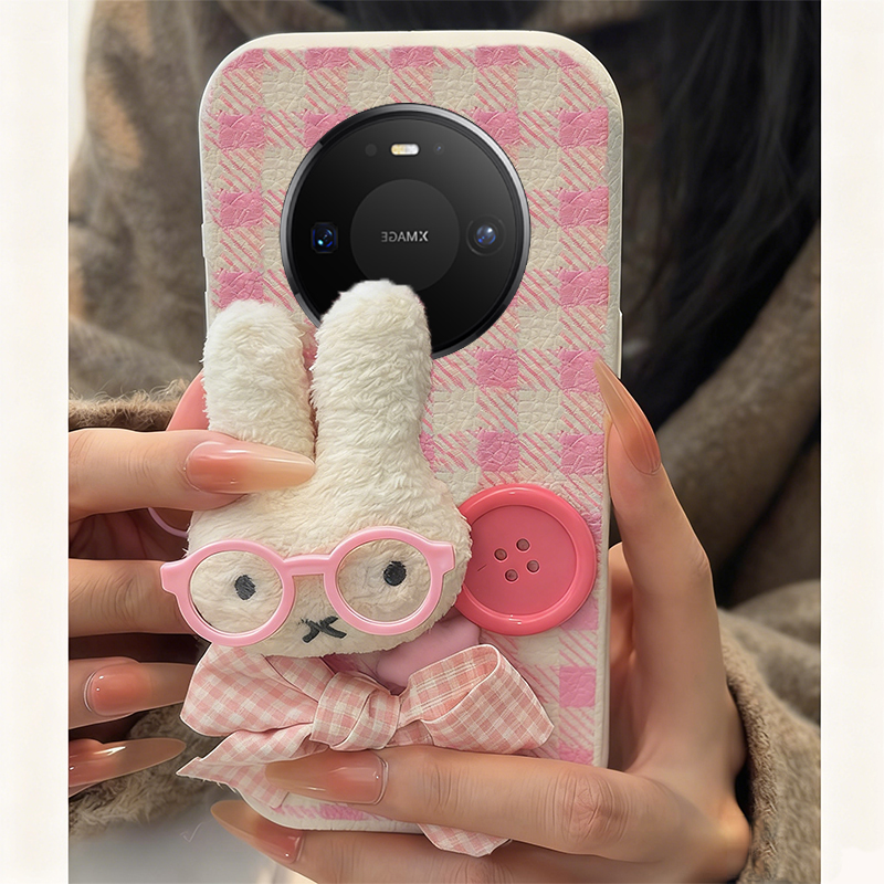 手机壳仿皮皮纹格子卡通秋冬毛绒纽扣米菲兔