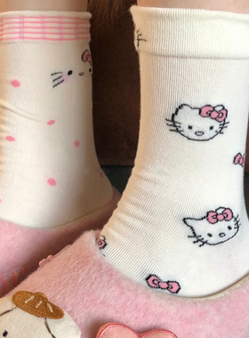 hellokitty袜子女夏薄款白色堆堆袜可爱中筒袜夏天长袜女凯蒂猫袜