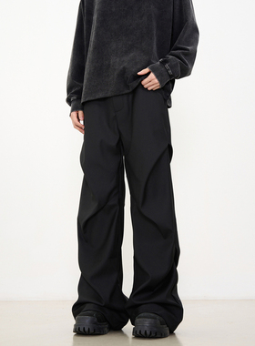 KISKO美式小众褶皱拖地微喇休闲裤高级感宽松直筒垂感黑色西裤男