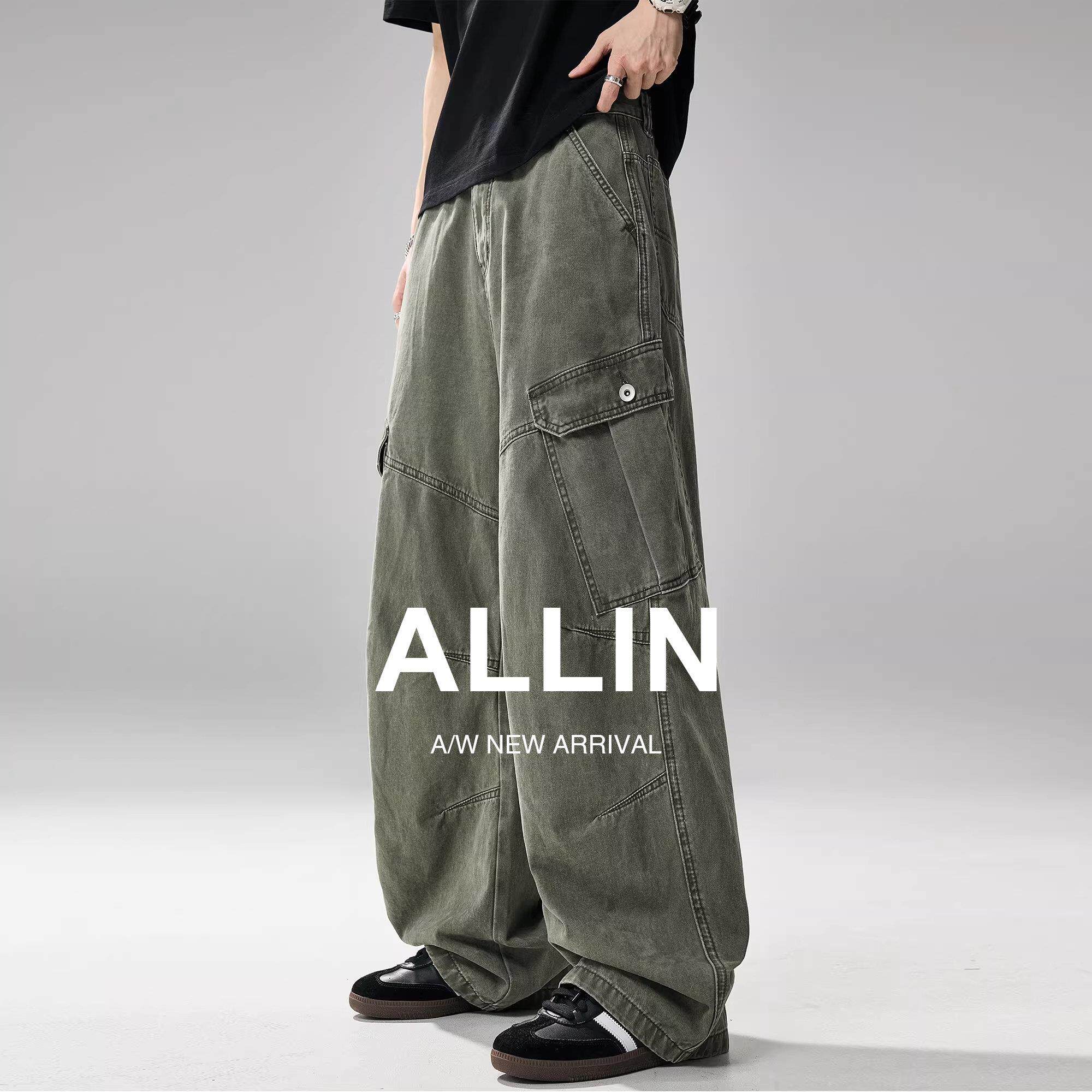 ALLIN 水洗弯刀工装牛仔裤男春秋美式纯棉宽松直筒阔腿休闲长裤子