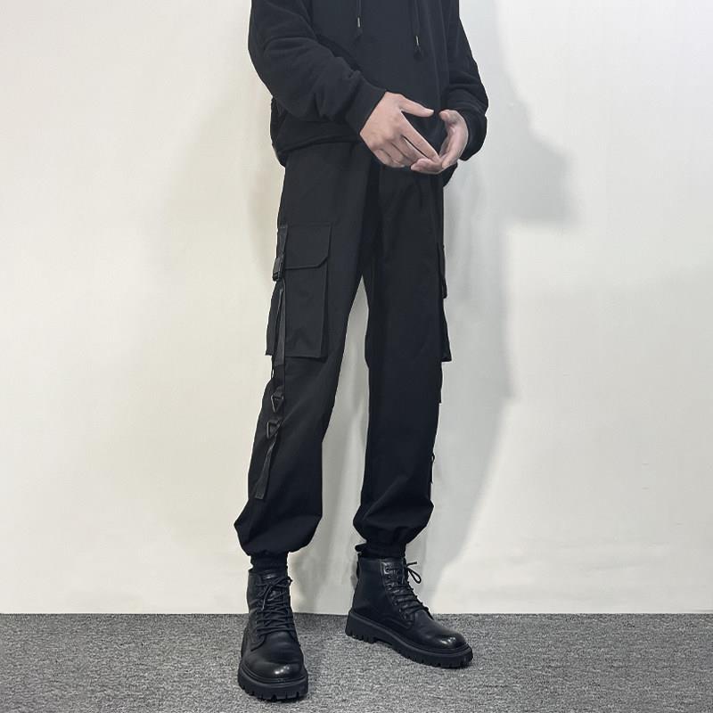 尘述黑色工装裤男夏季薄款机能宽松冲锋裤高级感痞帅修身休闲裤子