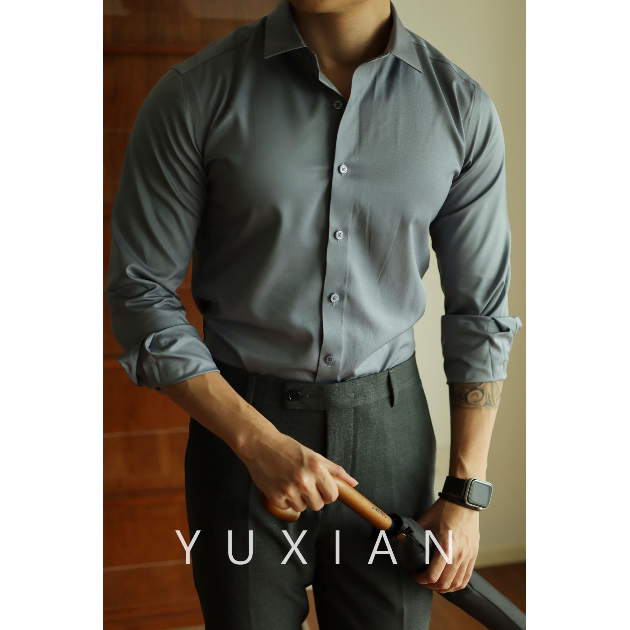 YUXIAN余闲丝绸微弹抗皱免烫长袖衬衫男士商务休闲纯色正装绅士
