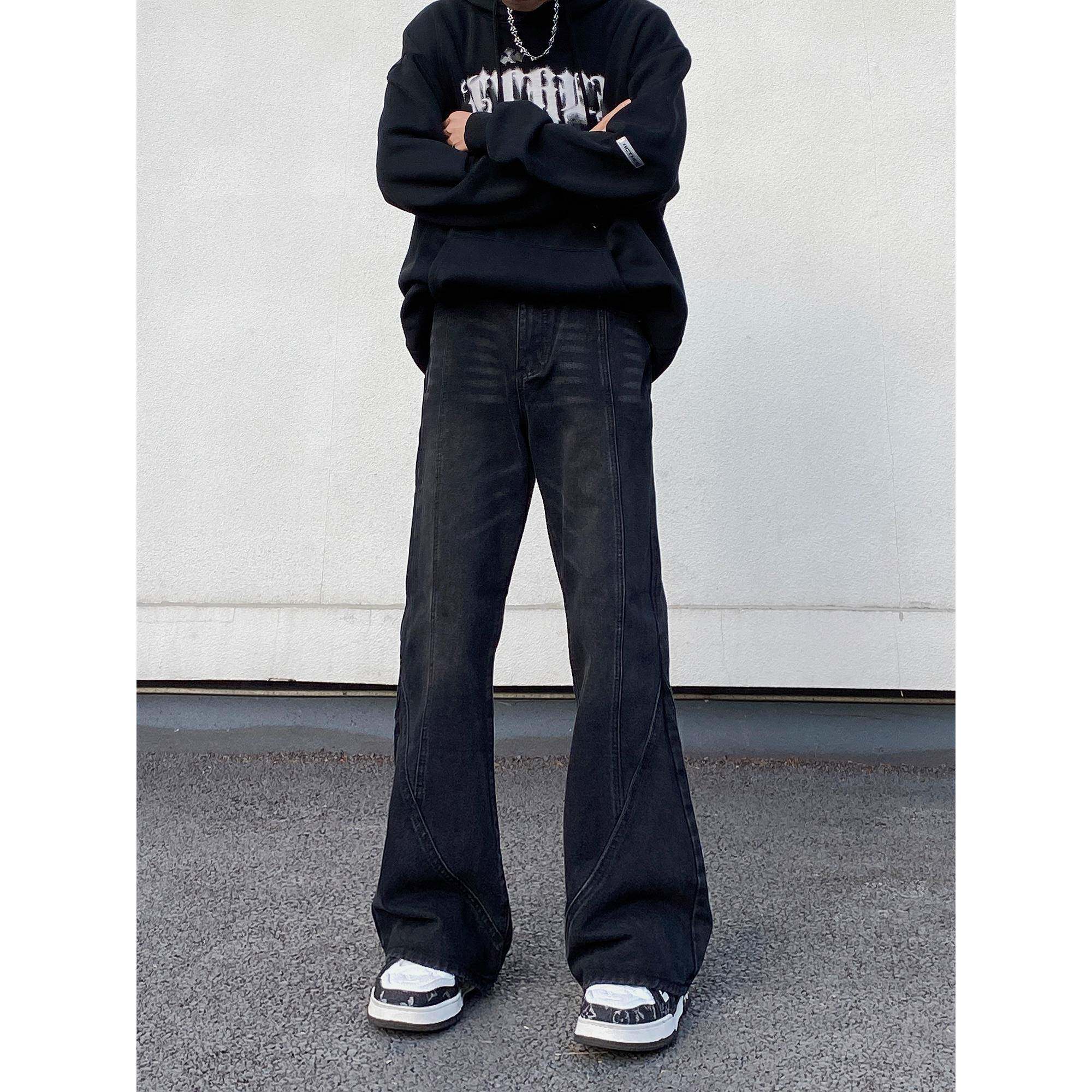 美式复古拼接牛仔裤男cleanfit直筒微喇显瘦潮牌痞帅vibe高街裤子