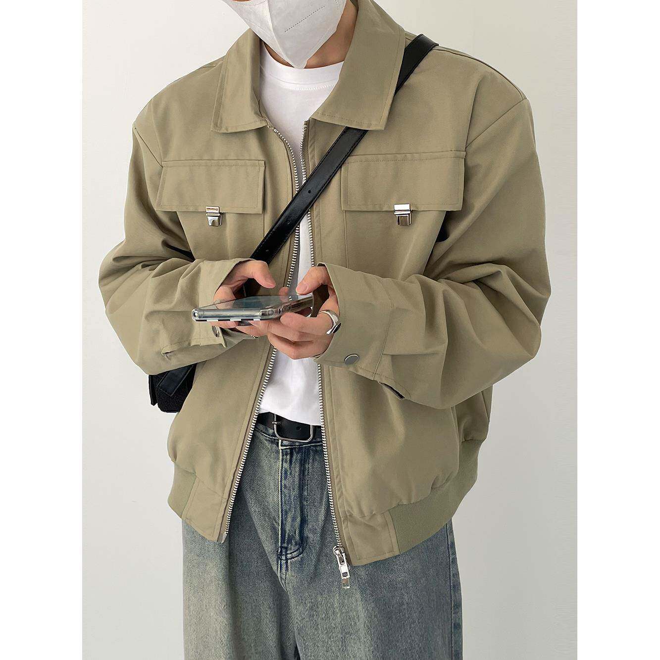 SF/秋春新韩版时髦潮气质复古飞机服夹克男士宽松版垫肩翻领外套