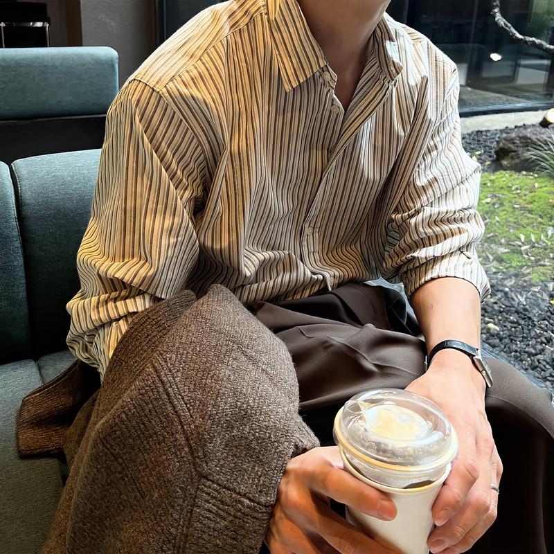 asede条纹长袖衬衫男春夏韩系宽松轻熟薄款防晒外套通勤休闲 衬衣