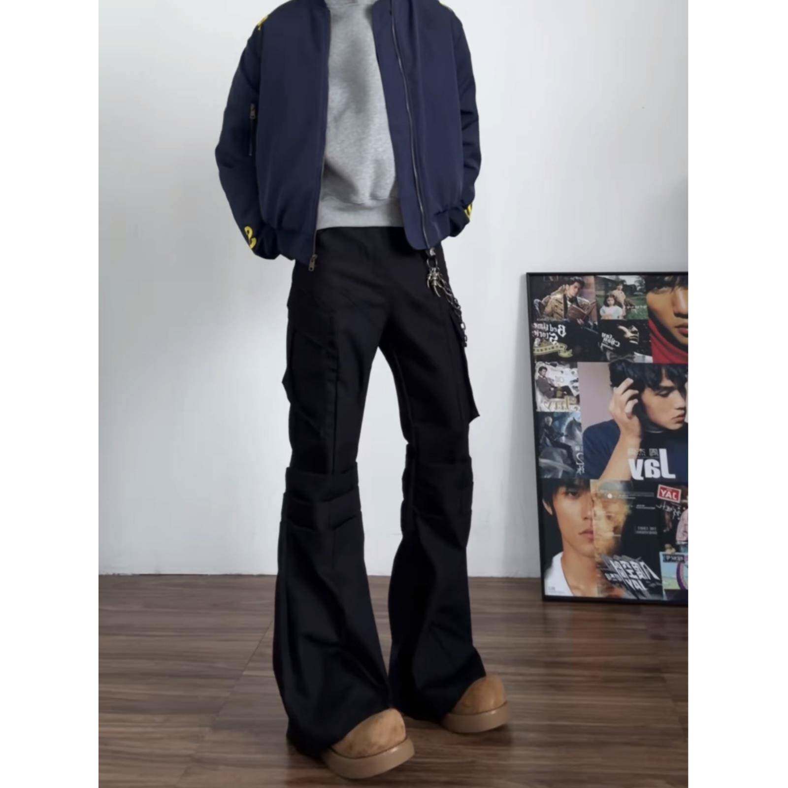 美式黑色微喇工装裤男cleanfit高街直筒阔腿喇叭裤子夏季加长西裤