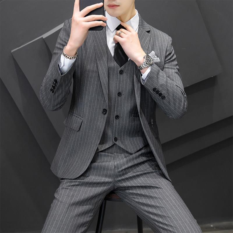 条纹西装套装男士韩版商务正装修身伴郎新郎结婚礼服休闲西装外套
