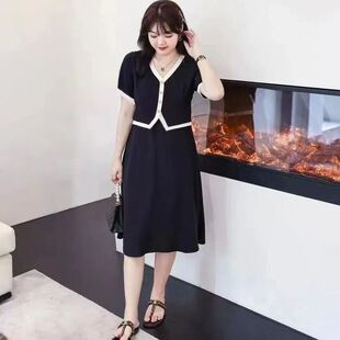 亏本冲量淘宝特价版厂家清仓限时抢购胖mm拼接假两件v领连衣裙女