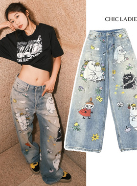 Chic小众设计卡通印花直筒牛仔裤女2025新款百搭显瘦宽松阔腿裤子