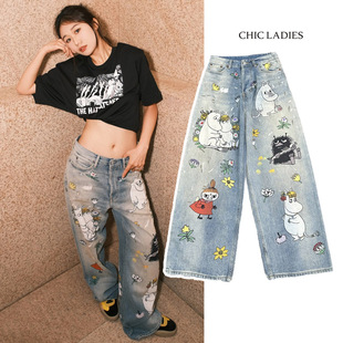 Chic小众设计卡通印花直筒牛仔裤 子 女2025新款 百搭显瘦宽松阔腿裤