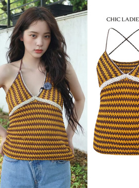欧阳娜娜同款复古条纹针织吊带背心女夏季度假风显瘦气质挂脖上衣