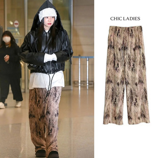 jennie金智妮同款扎染复古高腰松紧阔腿裤女宽松显瘦垂感休闲裤子