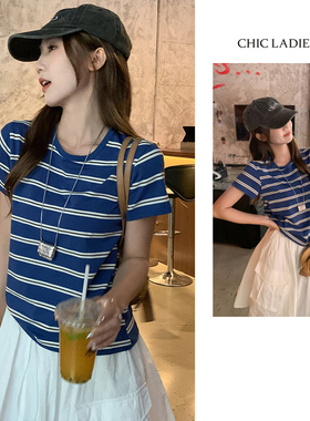 Chic蓝白条纹撞色圆领短袖T恤女夏季设计感百搭修身显瘦短款上衣