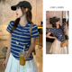 Chic蓝白条纹撞色圆领短袖 上衣 显瘦短款 T恤女夏季 设计感百搭修身