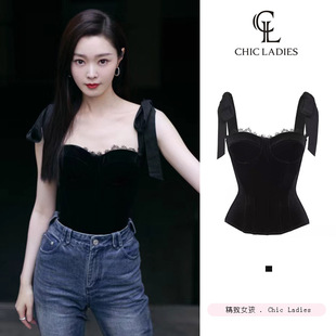 宋轶景甜同款 黑色蝴蝶结鱼骨吊带背心女丝绒内搭外穿气质辣妹上衣