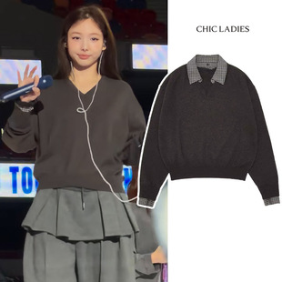 林娜琏同款V领灰色长袖针织衫女春可拆卸设计感上衣宽松套头毛衣