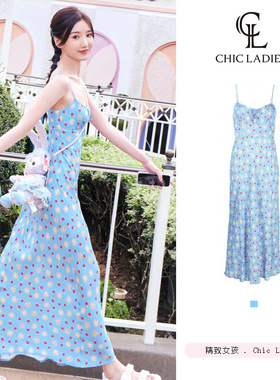 毛晓彤同款蓝色印花抹胸吊带连衣裙女夏度假风收腰甜美多巴胺长裙