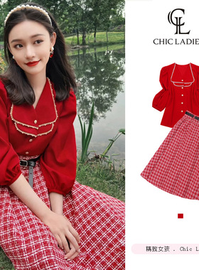 林允明星同款法式复古红色polo衬衫女夏高级感泡泡袖气质宽松上衣