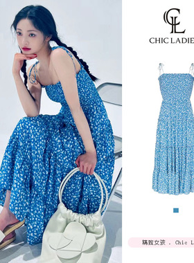 周洁琼章若楠同款蓝色碎花抹胸吊带连衣裙女夏度假风超仙法式长裙