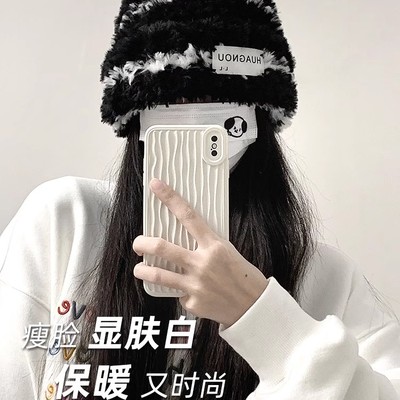 新款帽子女韩版条纹显脸小毛绒绒保暖毛线帽大头围护耳堆堆帽男潮