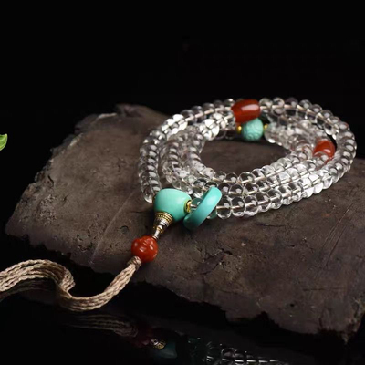 东海白水晶手链女佛珠手串老型算盘珠念珠白色透明水晶绿松石配饰