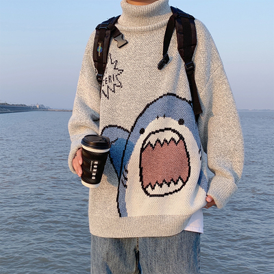 Men Turtlenecks Shark Sweater Men 2021 Winter Patchwor Haraj