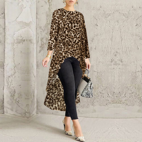 40#Leopard Shirts Women Long Sleeve Asymmetrical Shirt Tops