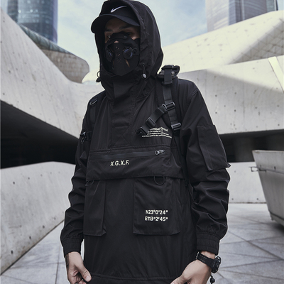 Techwear Jacket for Men Spring Setwear Black Hooded Waterpro