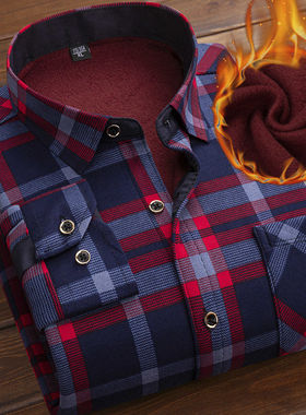 Autumn Winter Thicken Fleece Shirt Men Business Plaid Shirt