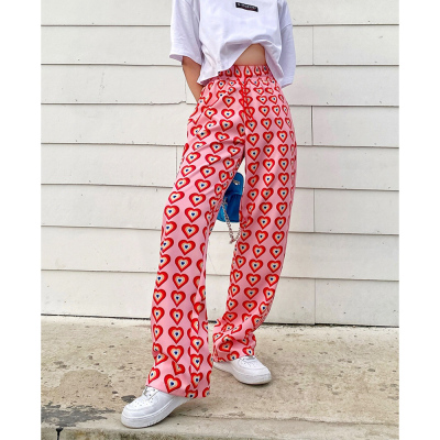 Missnight Pink Pants Heart Printed Straight Elastic High Wai